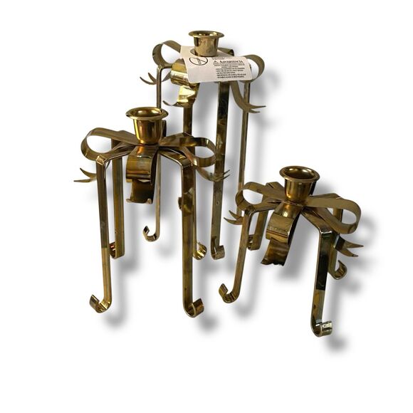 Bows Galore Vintage 1980's Brass Bow Candle Stick Holders Set of 3 Christmas - Picture 7 of 13